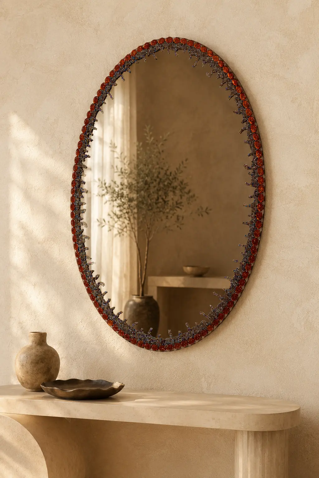 Handcrafted amber oval Jo.Sa statement mirror displayed in a warm luxury interior
